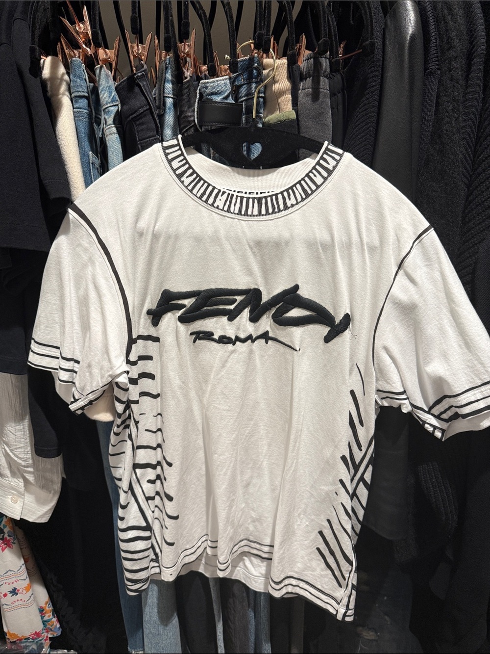 Fendi White T-Shirt with Black Graphic Logo and Trim